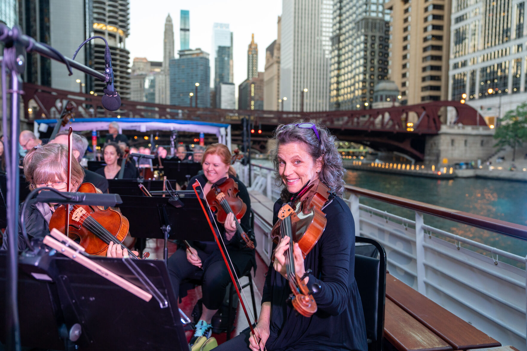 Trial run for Music of the Baroque's upcoming historic The Chicago Water Music performance on the Chicago River. (Photo courtesy of Music of the Baroque by Elliot Mandel)